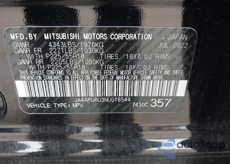 2022 Mitsubishi Outlander Sport 2.0 Be 2Wd/2.0 Es 2Wd/2.0 Le 2Wd/2.0 S 2Wd из США, поврежденный, VIN JA4APUAU3NU018544